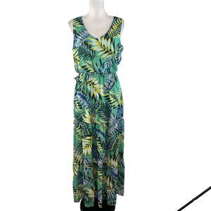 Nine West Dress size 8 Long Maxi Green Yellow Floral Tropical Wedding Hawaiian